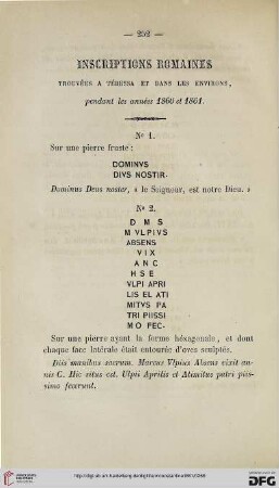 5: Inscriptions romaines trouvées à Tébessa et dans les environs, pendant les années 1860 et1861