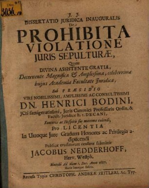 Dissertatio Juridica Inauguralis De Prohibita Violatione Juris Sepulturae