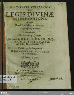 Disputatio Theologica De Legis Divinae Dispensatione