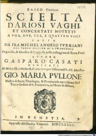 SCIELTA D'ARIOSI VAGHI, ET CONCERTATI MOTETTI A VNA, DVE, TRE, ET QVATTRO VOCI