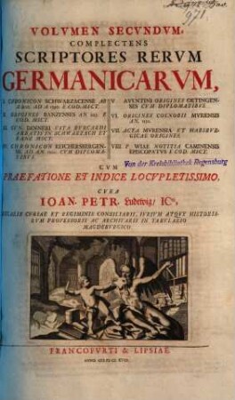 Complectens Scriptores Rervm Germanicarvm : I. Chronicon Schwarzacense Ab A. 800 Ad A. 1590. E Cod. Msct. ... Cvm Præfatione Et Indice Locvpletissimo