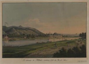 Ansicht des Schlosses Pillnitz mit Elbetreidler, Stich, um 1820 : Le chateau de Pillnitz, residence d'été du Roi de Saxe. - Dresde : C. F. Meser , [ca. 1820]. - 1 Kunstblatt : kolor. Stich ; 38 x 25 cm