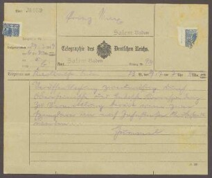 Korrespondenz zwischen Hermann Hummel, Prinz Max von Baden und Kurt Hahn; Veröffentlichung einer Korrespondenz des Prinzen Max in badischen Zeitungen sowie der überregionalen Presse bzgl. der Rechtfertigung seines Vorgehens im Nov. 1918