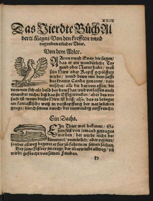 Das Vierdte Buch Alberti Magni/ Von den krefften und tugenden etlicher Thier.