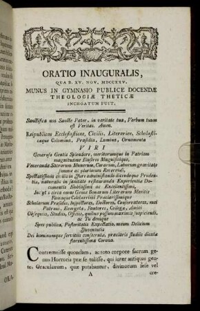 Oratio inauguralis [I.], qua d. XV. Nov. MDCCXXV. munus in gymnasio publice docendæ theologiæ theticæ inchoatum fuit.