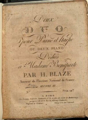 Deux duo pour piano et harpe ou deux piano : oeuvre III