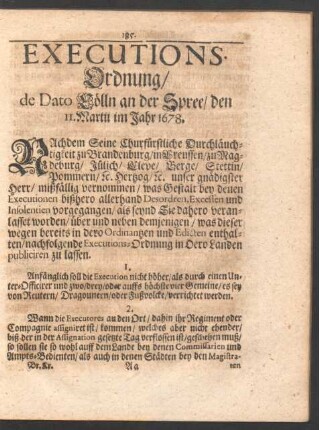 Executions-Ordnung/ de Dato Cölln an der Spree/ den 11. Martii im Jahr 1678.