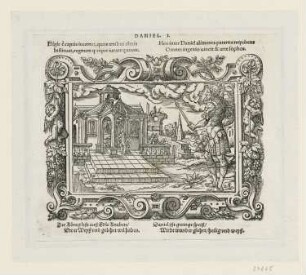 Daniel am Hof des Nebukadnezar, aus: "Biblische Figuren deß Alten Testaments", Frankfurt am Main 1562, S. L3 verso