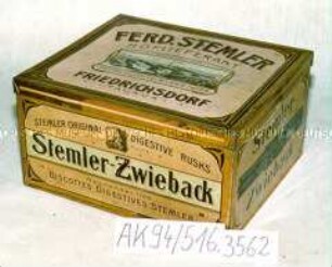 Vorrats-Blechdose für Zwieback "FERD.STEMLER HOFLIEFERANT FRIEDRICHSDORFER-ZWIEBACK-FABRIK" (Abbildung auf dem Deckel: Fabrik)