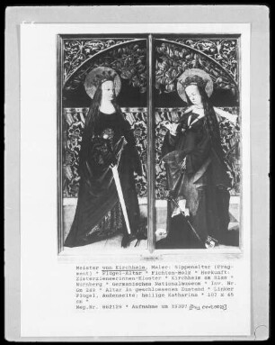 Sippenaltar — Altar in geschlossenem Zustand — Rechter Flügel, Außenseite: heilige Agnes, mit der Stifterin Äbtissin Schenkin von Limpurg