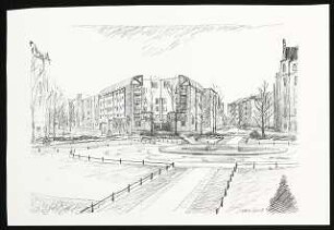 Wohnhaus und Gemeindehaus am Viktoria-Luise-Platz, Berlin-Schöneberg: Perspektivische Ansicht vom Viktoria-Luise-Platz auf das Wohnhaus