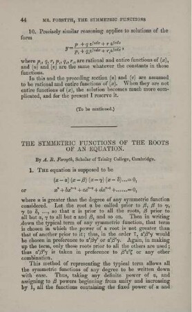 The symmetric functions of the roots of a equation.