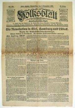 Sozialdemokratische Tageszeitung "Volksblatt" zu den revolutionären Erhebungen in Kiel, Hamburg und Lübeck