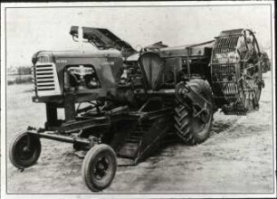 Amerikanische Kartoffelvollerntemaschine, zweireihig, am Oliverschlepper