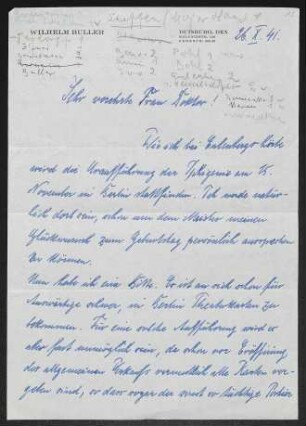Brief von Wilhelm Buller an Margarete Hauptmann