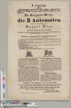 Leipzig. Die Original-Werke oder die 3 Automaten des berühmten Jaquet Droz aus la Chaux-de-fonds.