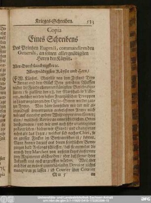 Copia Eines Schreibens Des Printzen Eugenii, commandirenden Generals, an seinen allergnädigsten Herrn den Käyser.