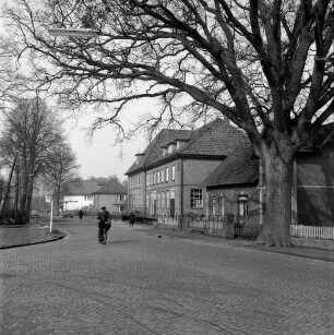 Kirchenstraße: links Abzweigung Rausdorfer Straße: Kopfsteinpflaster: hinten links Fahrradfahrer: rechts Baum: dahinter Genossenschaftsmeierei Trittau und weitere Häuser