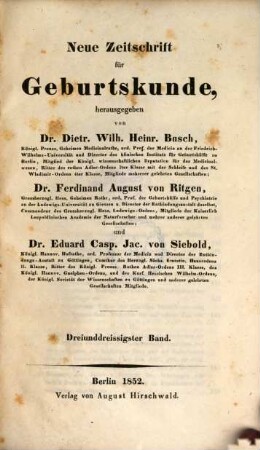 Neue Zeitschrift für Geburtskunde. 33,3. 1852