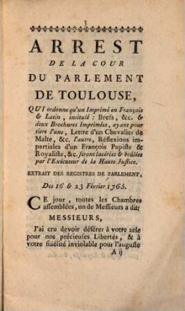 Arrest de la cour du Parlement de Toulouse : Du 16. Fevr. 1765