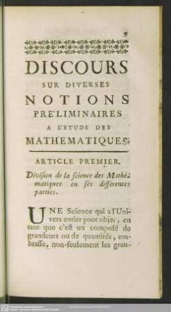 Article Premier. Division de la science des Mathématiques e ses différentes parties