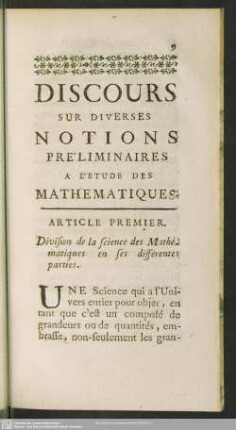 Article Premier. Division de la science des Mathématiques e ses différentes parties