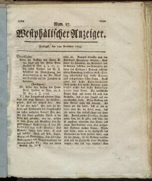 Num. 87. Westphälischer Anzeiger. Freitags, den 1ten November 1799. - Beilage zum Westphälischen Anzeiger Nro. 89. Freitags den 8ten Nov. 1799.