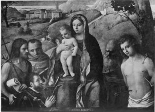 Maria mit dem Kind, die Heiligen Johannes der Täufer, Franz von Assisi, Hieronymus, Sebastian und der Stifter