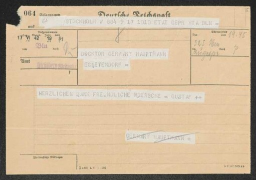 Brief von Gustaf <Sverige, Konung, V.> an Gerhart Hauptmann