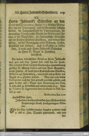 XX. Herrn Jablonski Schreiben an den Herrn von Leibnitz vom 13 Jenner 1700 Molani Bedencken von der Vereinigung, ...