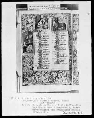 Lateinisches Stundenbuch (Livre d'heures) — Kalenderseite April mit Illustrationen und Vollbordüre, Folio 2verso