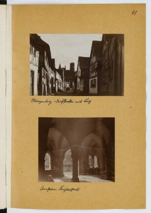 Burg, Münzenberg / Kloster Arnstein: Ansicht Vorstraße zur Burg, Innenansicht Kapitelsaal Arnstein (aus: Skizzen- und Fotoalbum 23)