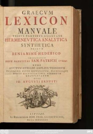Graecvm Lexicon Manvale Tribvs Partibvs Constans Hermenevtica Analytica Synthetica