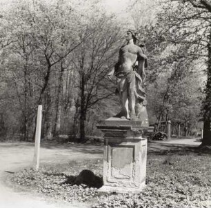 Apollo, Schloßpark Altdöbern : Apollo mit Zister (um 1750/1755; Gottfried Knöffler). Sandstein. Schloßpark Altdöbern, Schloßzufahrt, östlicher Alleeabschluß