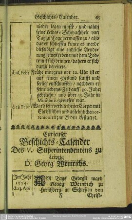 Curieuser Geschichts-Calender Des V. Superintendentens zu Leipzig D. Georg Weinrichs