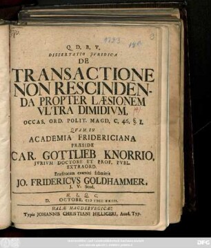 Dissertatio Jvridica De Transactione Non Rescindenda Propter Læsionem Vltra Dimidivm : Occas. Ord. Polit. Magd. C. 46. § I.