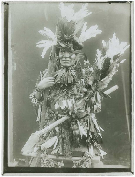 Exhibition mannequin decorated with Chamacoco (Kazike) artefacts