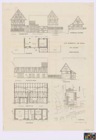 Alt-Mörbitz (Kreis Borna): Hof Iwan Heining. - Lageplan mit Scheune (Aufsicht), zwei Schweineställe (zwei Aufsichten), Haupthaus (Aufsicht), Dung (Aufsicht), Keller (Umriss), Torhaus mit Pferdestall (Aufsicht). - Torhaus, Pferdestall (Ost-Giebel-Ansicht, Straßen-Seiten-Ansicht, Grundriss, West-Hof-Seiten-Ansicht, Querschnitt A-B). - Haupthaus (Straßen-Giebel-Ansicht). - Schweinestall (Straßen-Giebel-Ansicht, Längsschnitt A-B, Grundriss). - Eingang zum Erdkeller (Ansicht)