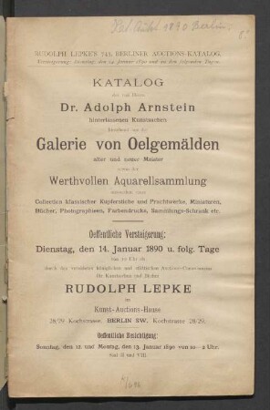 Dr. Adolph Arnstein'sche Kunstsammlungen : 14.1.