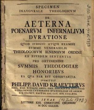 Specimen Inavgvrale Theologicvm De Aeterna Poenarvm Infernalivm Dvratione