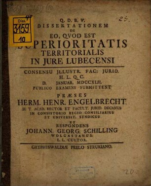 Diss. de eo quod est superioritatis territorialis in iure Lubecensi