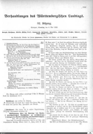 92. Sitzung, Stuttgart, 8.5.1920