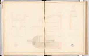 Massive gewölbte Brücke Schinkelwettbewerb 1857: Pfeiler mit Anlegefloß: Grundriss, Aufriss Vorderansicht, Seitenansicht; Mittelpfeiler: Aufriss Seitenansicht; Maßstabsleiste