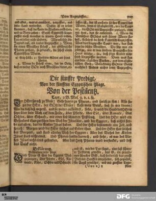 Die fünffte Predigt, Von der fünfften Egyptischen Plage. Von der Pestilentz.