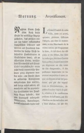 Warnung : [Francfort sur le Mein, le 13. Sept. 1791]