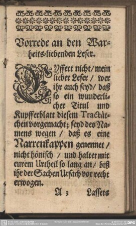 Vorrede an den Warheits-liebenden Leser