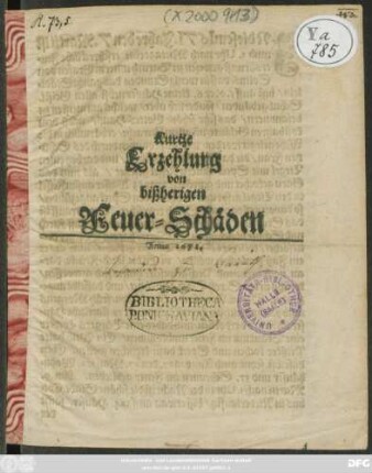 Kurtze Erzehlung von bißherigen Feuer-Schäden