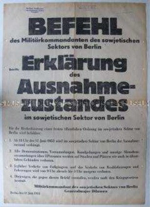 Befehl über die Verhängung des Ausnahmezustandes in Berlin vom 17. Juni 1953