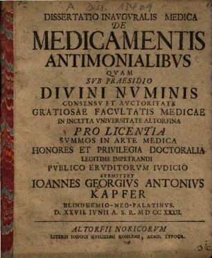 Dissertatio Inavgvralis Medica De Medicamentis Antimonialibvs