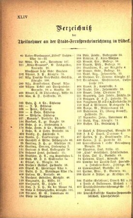 Verzeichniß der Theilnehmer an der Stadt-Fernsprecheinrichtung in Lübeck.